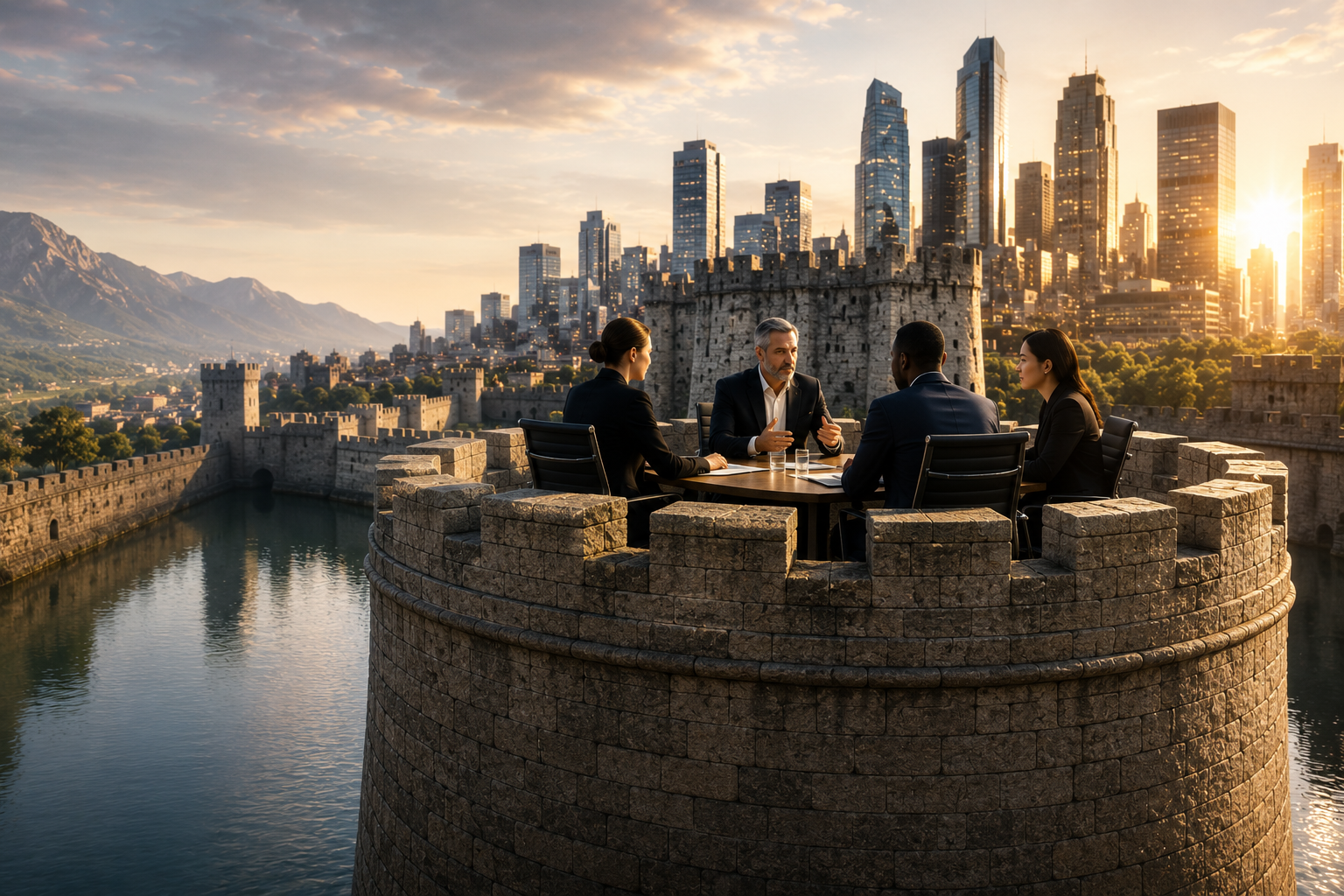 Leaders in counsel atop a castle tower, a moat below and a city skyline behind